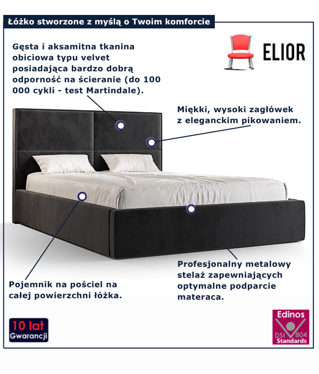 Grafitowe nowoczesne łóżko welurowe Welario
