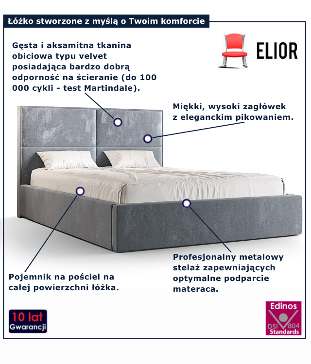 Szare nowoczesne łóżko welurowe Welario