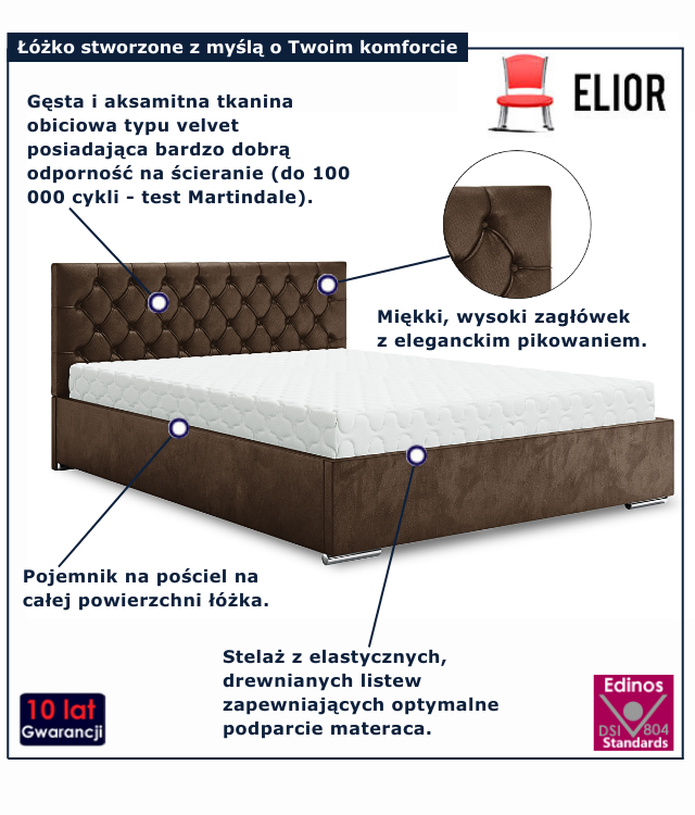 Brązowe nowoczesne łóżko welurowe Cavenio