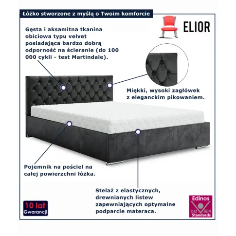 Grafitowe pikowane łóżko z pojemnikiem Cavenio