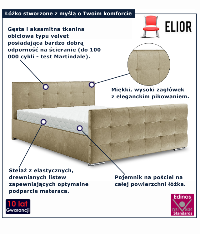 Beżowe nowoczesne łóżko welurowe Velmonte