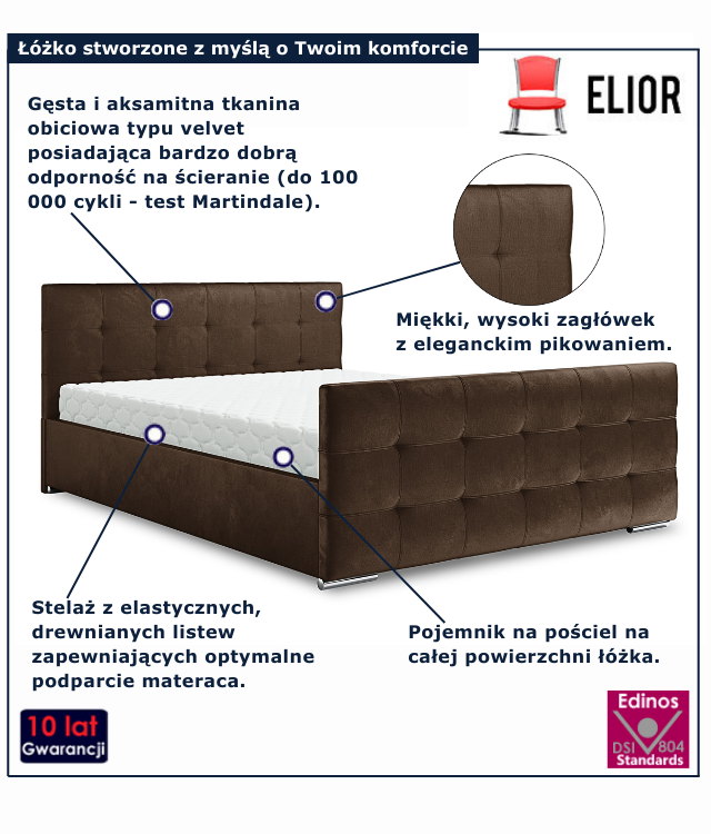 Brązowe nowoczesne łóżko welurowe Velmonte