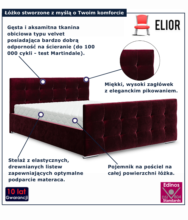 Czerwone nowoczesne łóżko welurowe Velmonte