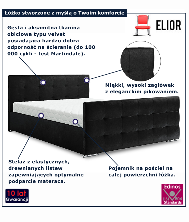 Czarne nowoczesne łóżko welurowe Velmonte