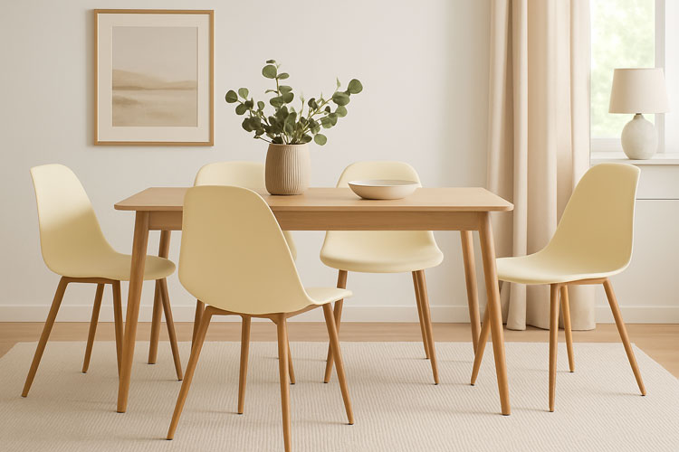 Jadalnia nowoczesna z wykorzystaniem kremowego krzesła Exin 3X