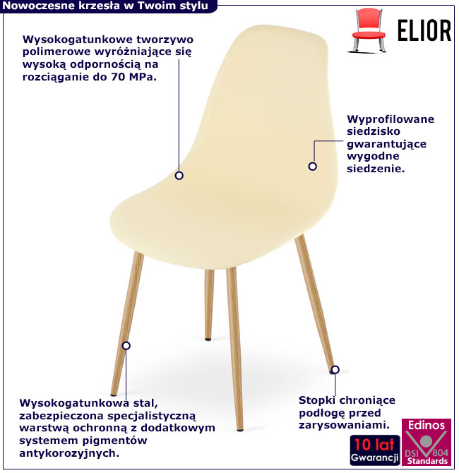 Kremowe plastikowe krzesło do jadalni na brązowych nogach Exin 3X