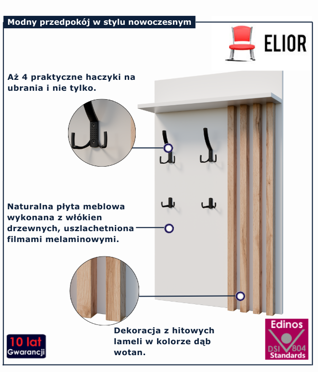 Biały wieszak z półką zdobiony lamelami do korytarza Crizzo