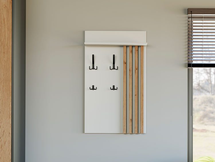 Wnętrze z białym wieszakiem ściennym z lamelami Crizzo