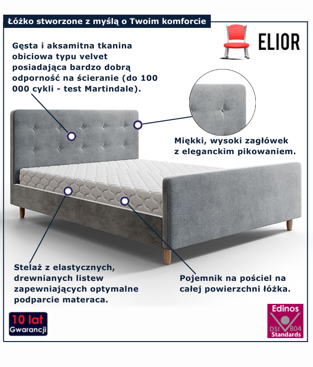 Szare nowoczesne łóżko welurowe Montivio 