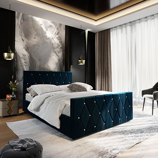 Elegancka sypialnia z wykorzystaniem granatowego łóżka Diamare
