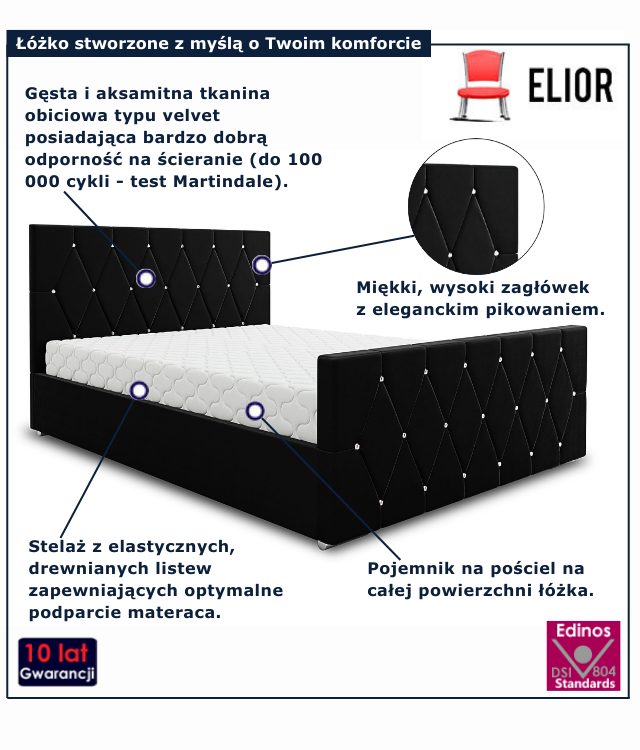 Czarne nowoczesne łóżko welurowe Diamare