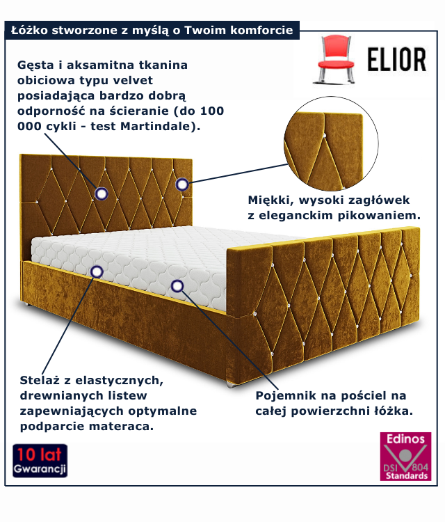 Musztardowe nowoczesne łóżko welurowe Diamare