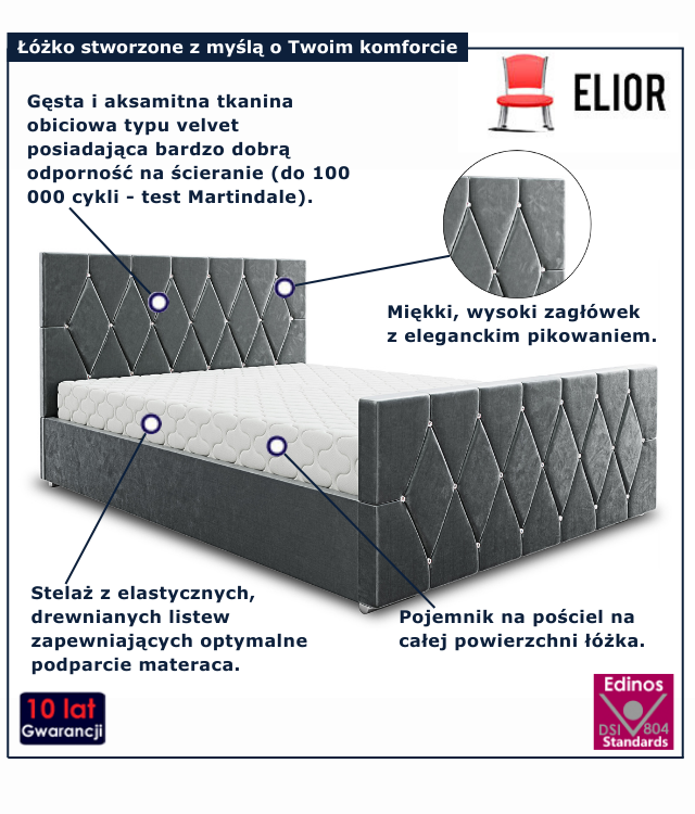 Nowoczesne łóżko welurowe w kolorze szarym Diamare