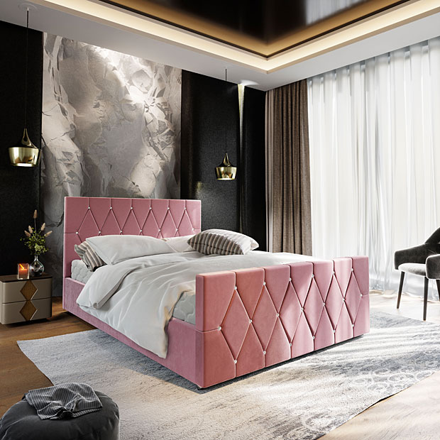 Elegancka sypialnia z wykorzystaniem różowego łóżka Diamare