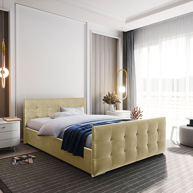 Elegancka sypialnia z wykorzystaniem beżowego łóżka Diamare