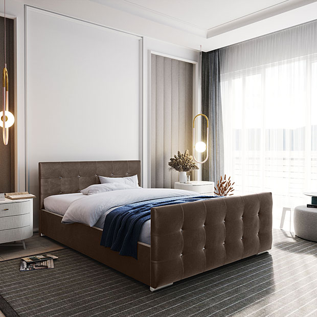 Elegancka sypialnia z wykorzystaniem brązowego łóżka Diamare