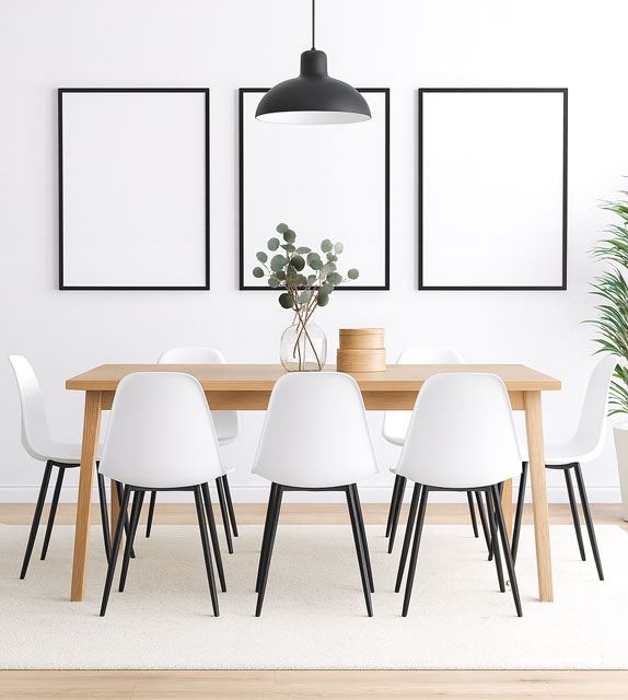 Jadalnia z wykorzystaniem metalowego białego krzesła Exin 4X