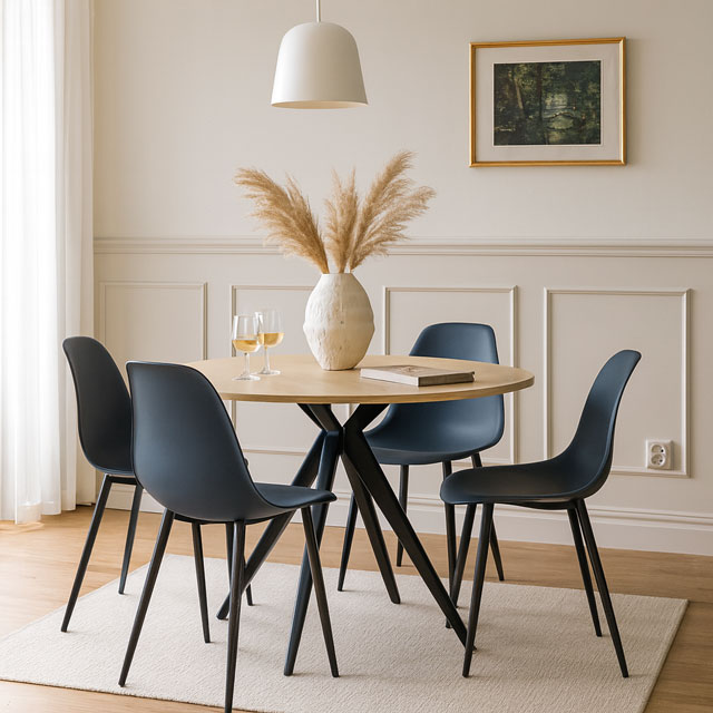 Jadalnia z wykorzystaniem metalowego krzesła Exin 4X dark slate