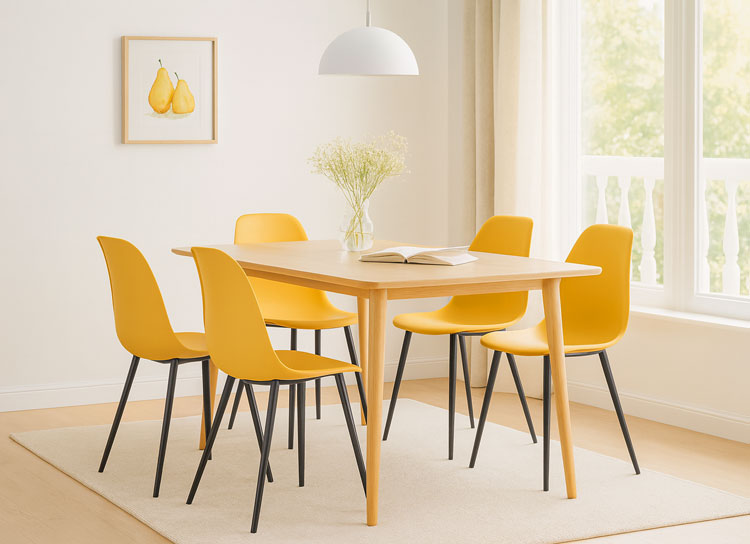 Przykładowa aranżacja z wykorzystaniem musztardowego krzesła metalowego Exin 4X