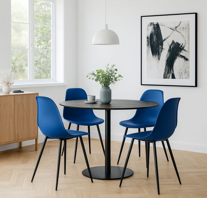 Aranżacja z wykorzystaniem niebieskiego krzesła z czarnymi nogami Exin 4X