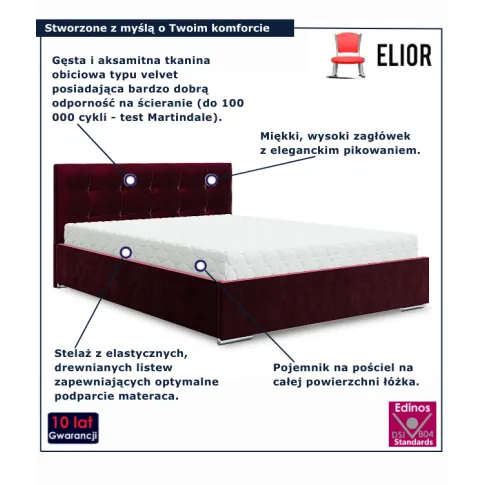 Nowoczesne bordowe łózko pikowane Solviero