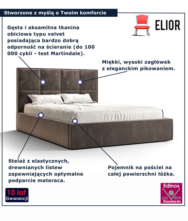 Nowoczesne łóżko welurowe w kolorze brązowym Noverra