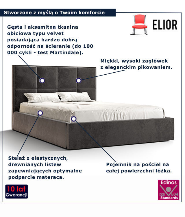 Szare nowoczesne łóżko z pojemnikiem na pościel Noverra