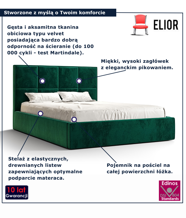 zielone nowoczesne łóżko z pojemnikiem na pościel Noverra