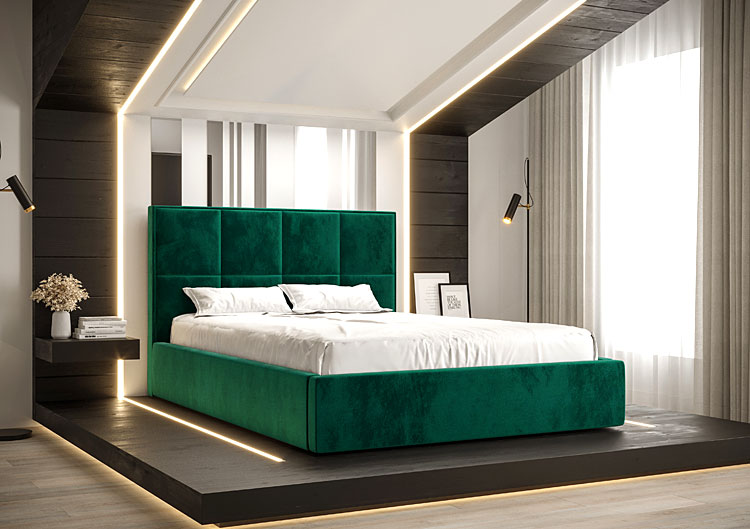 Elegancka sypialnia z wykorzystaniem zielonego łóżka Noverra