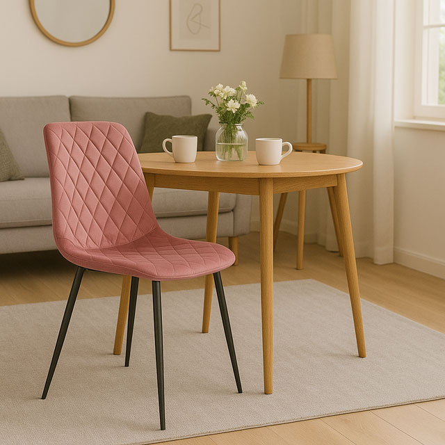 Przykładowa aranżacja z wykorzystaniem różowego krzesła z kompletu Orinos