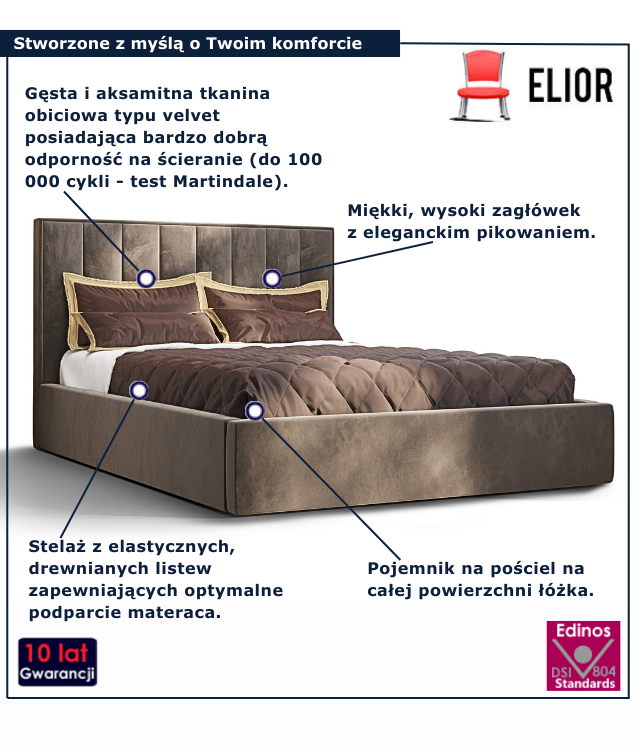 Brązowe nowoczesne łóżko z pojemnikiem na pościel Vensari