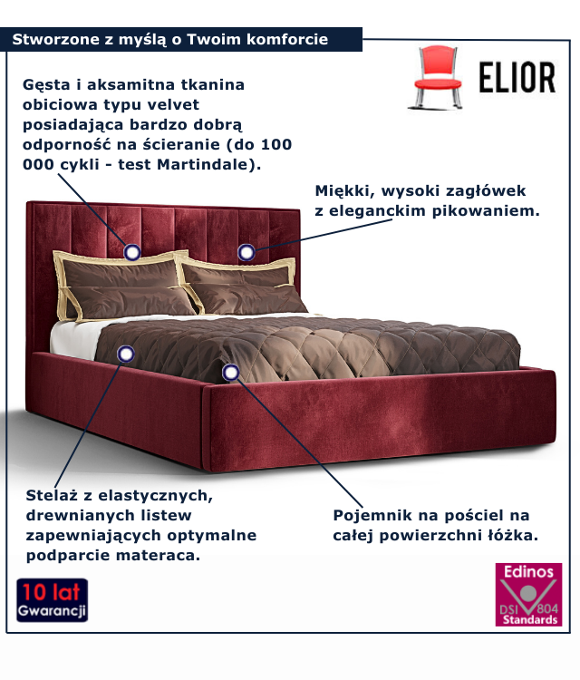 Bordowe nowoczesne łóżko z pojemnikiem na pościel Vensari