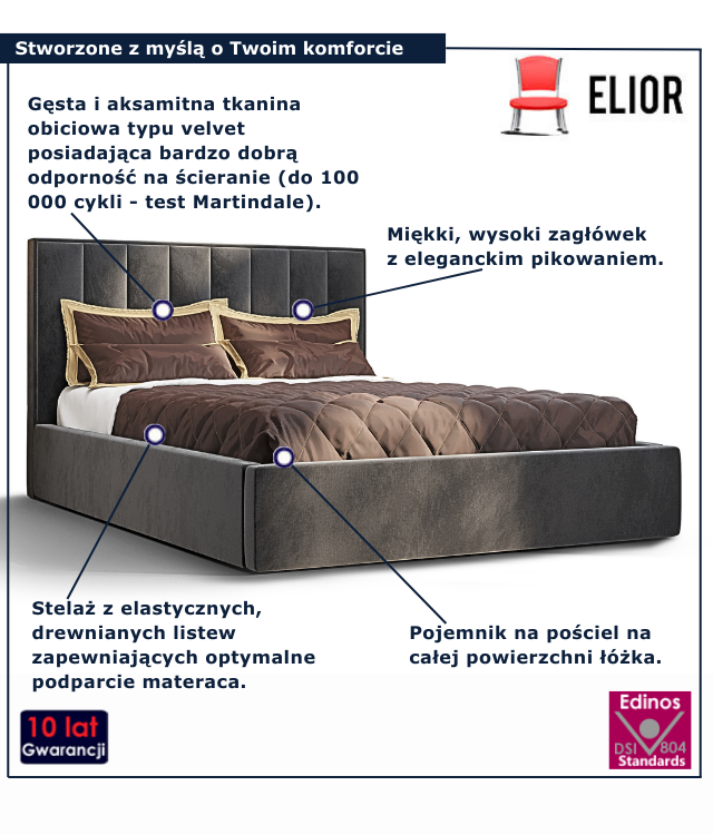 Ciemnoszare nowoczesne łóżko z pojemnikiem na pościel Vensari
