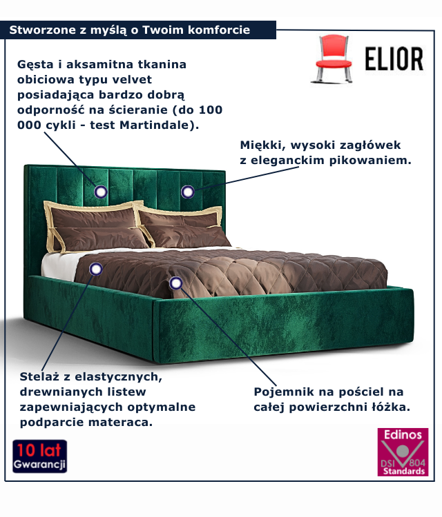 Zielone nowoczesne łóżko z pojemnikiem na pościel Vensari