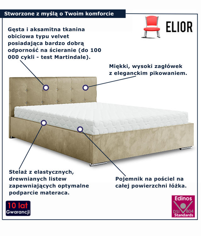 Beżowe nowoczesne łóżko z pojemnikiem na pościel Vensari