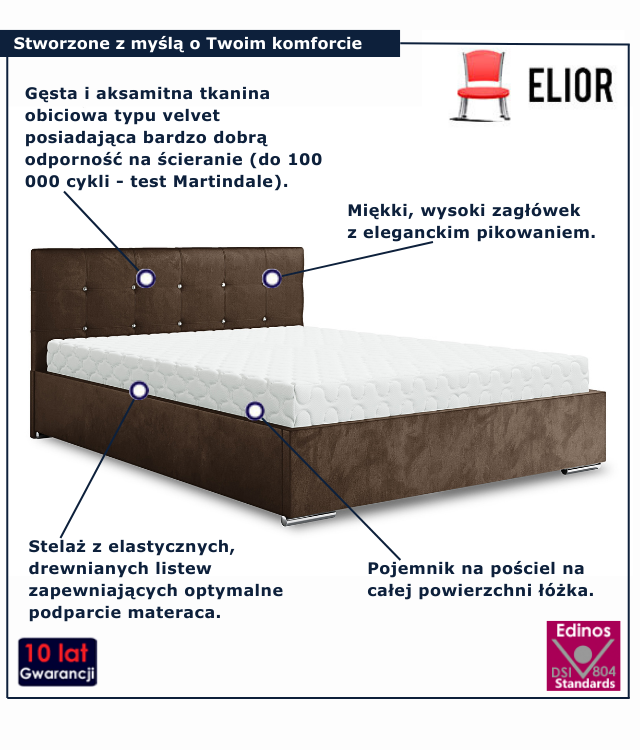 Brązowe nowoczesne łóżko z pojemnikiem na pościel Vensari