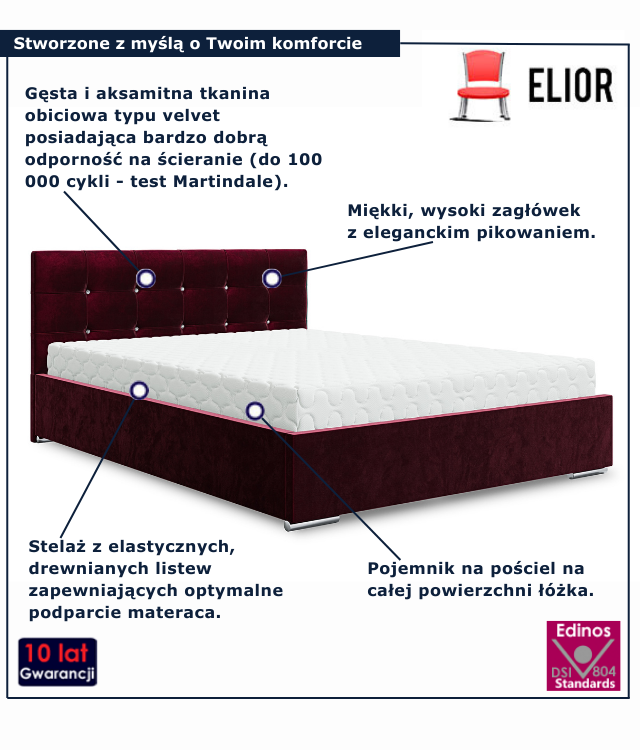 Czerwone nowoczesne łóżko z pojemnikiem na pościel Vensari