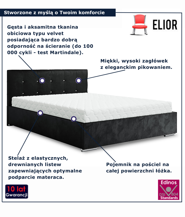 Czarne nowoczesne łóżko z pojemnikiem na pościel Vensari