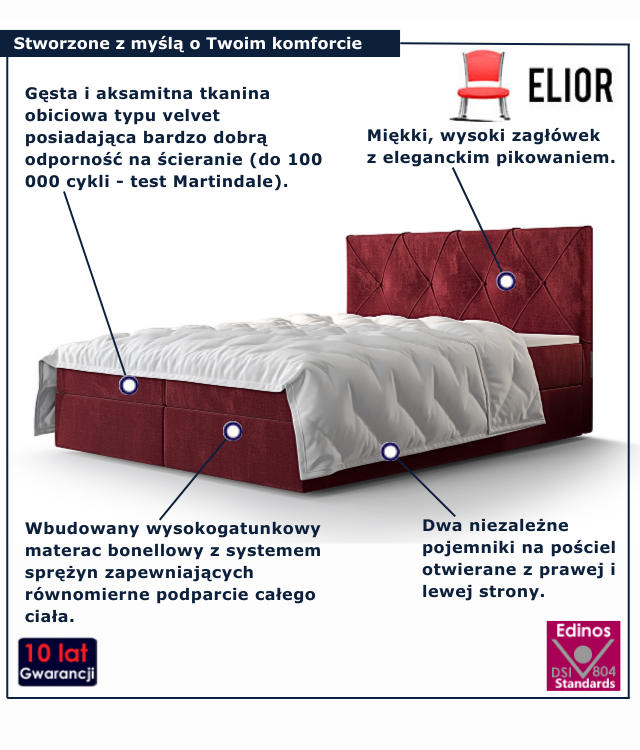 Czerwone łóżko kontynentalne Alviero