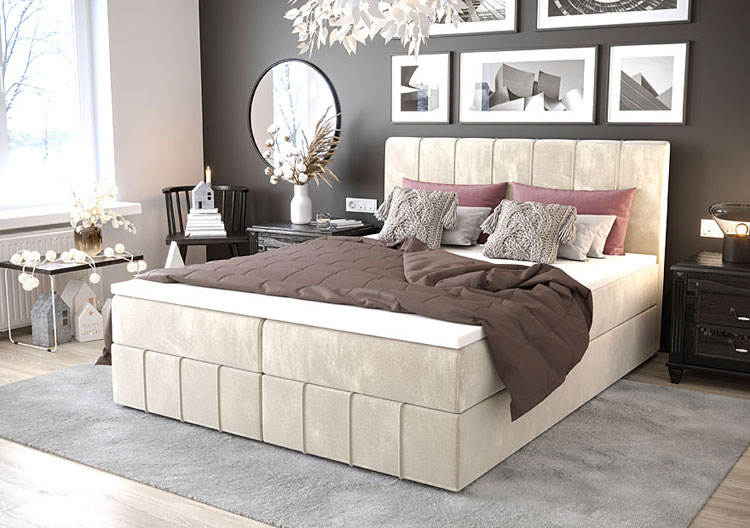 Wizualizacja wnętrza z beżowym łóżkiem Alviero