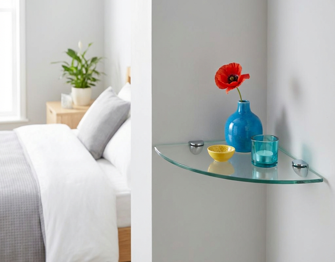 Aranżacja sypialni z narożną półką ze szkła hartowanego Atrosa 3X