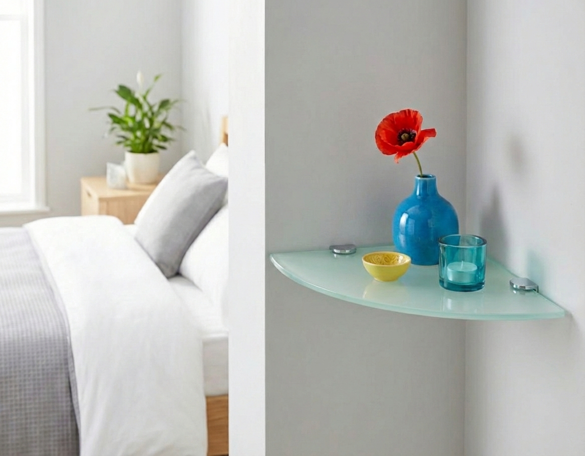 Aranżacja sypialni ze szklaną półką narożną Atrosa 3X