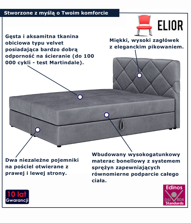 Łóżko kontynentalne w kolorze szarym Alvito