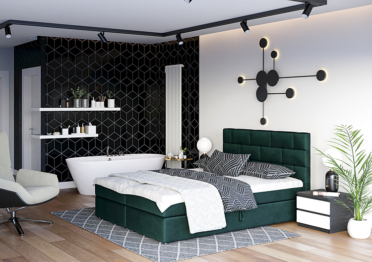Wizualizacja wnętrza z zielonym łóżkiem Manteris
