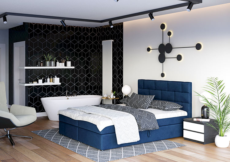 Wizualizacja wnętrza z granatowym łóżkiem Manteris