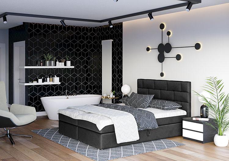 Wizualizacja wnętrza z czarnym łóżkiem Manteris