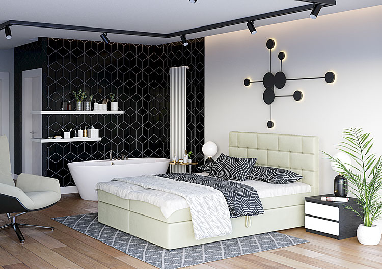 Wizualizacja wnętrza z beżowym łóżkiem Wallaro