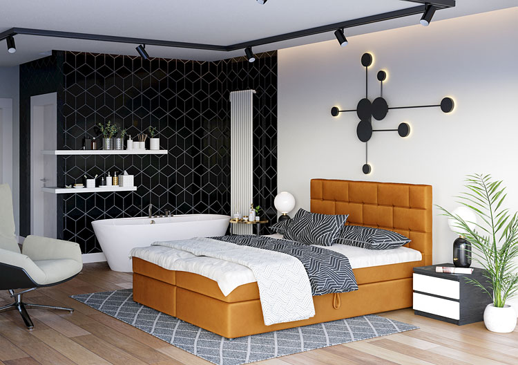 Wizualizacja wnętrza z musztardowe łóżkiem Wallaro