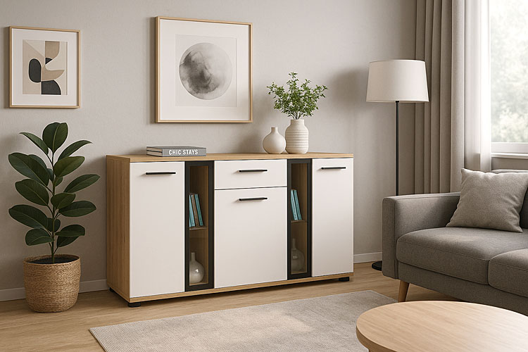 Wizualizacja wnętrza z komodą Melorix dab artisan + biały