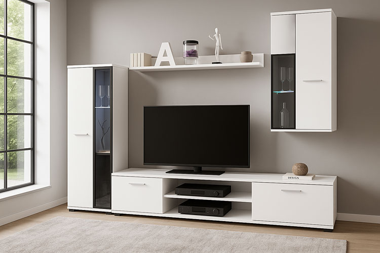 Wizualizacja wnętrza z białą meblościanką Naverox